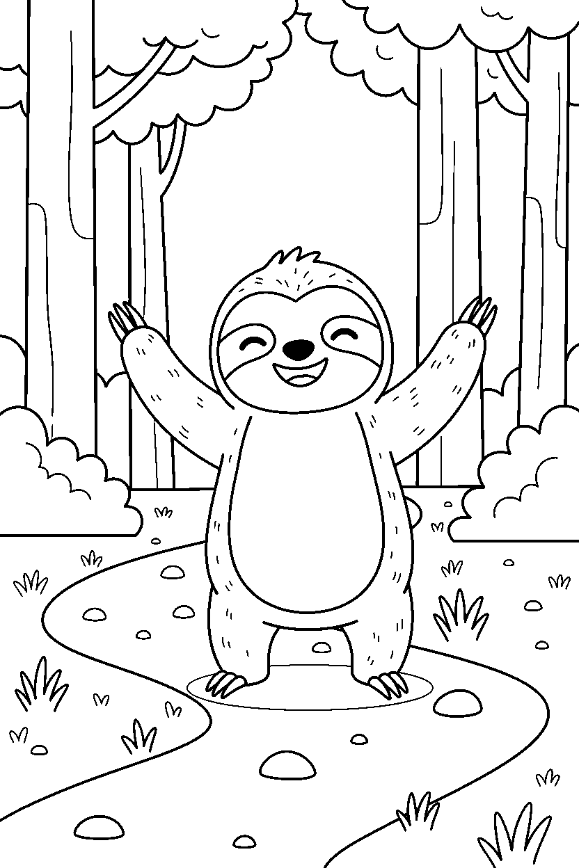 sloth standing happily on a dirt path line art