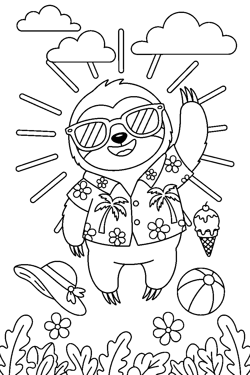 sloth waving happily in summer sunshine line art