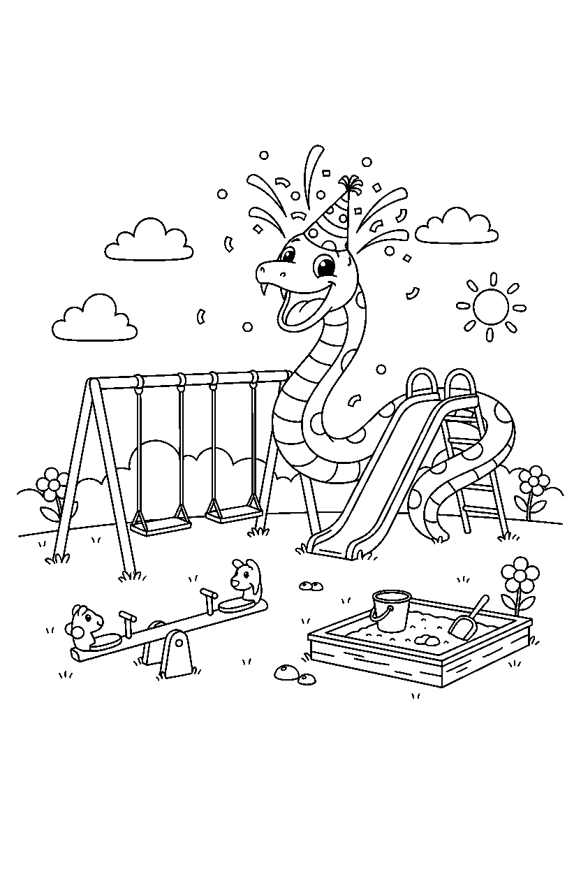 snake celebrating happily in a playground line art