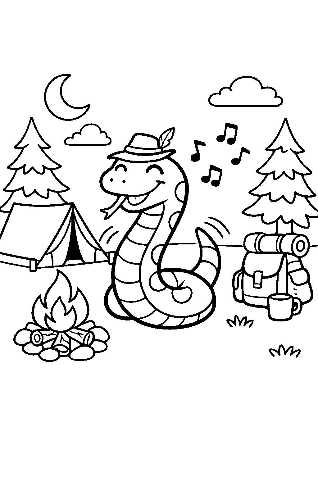 snake dancing at a campground line art