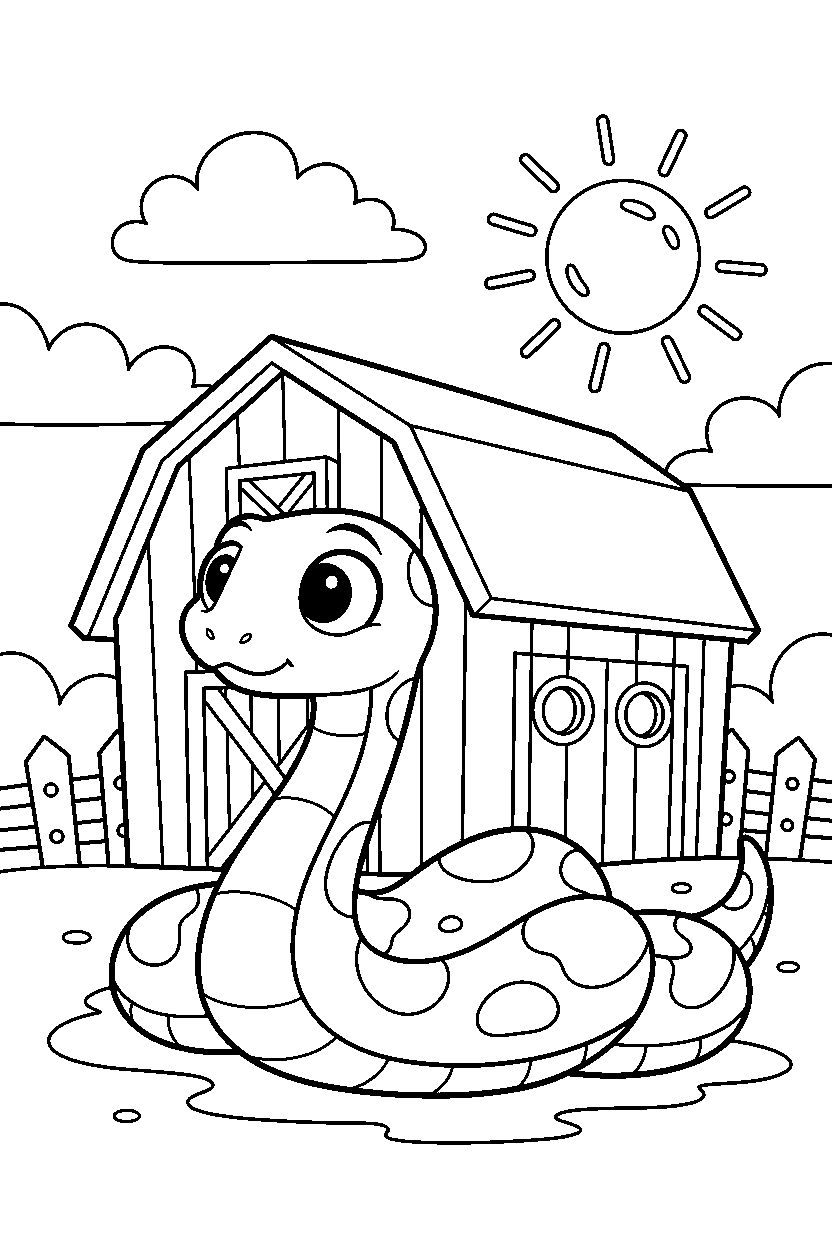 snake looking around curiously near a barn line art