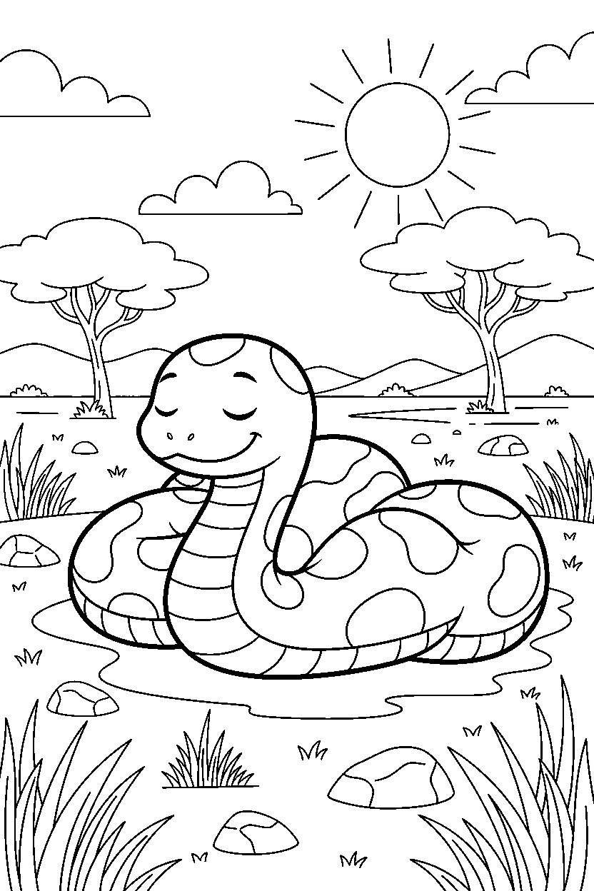 snake napping calmly on the savanna line art