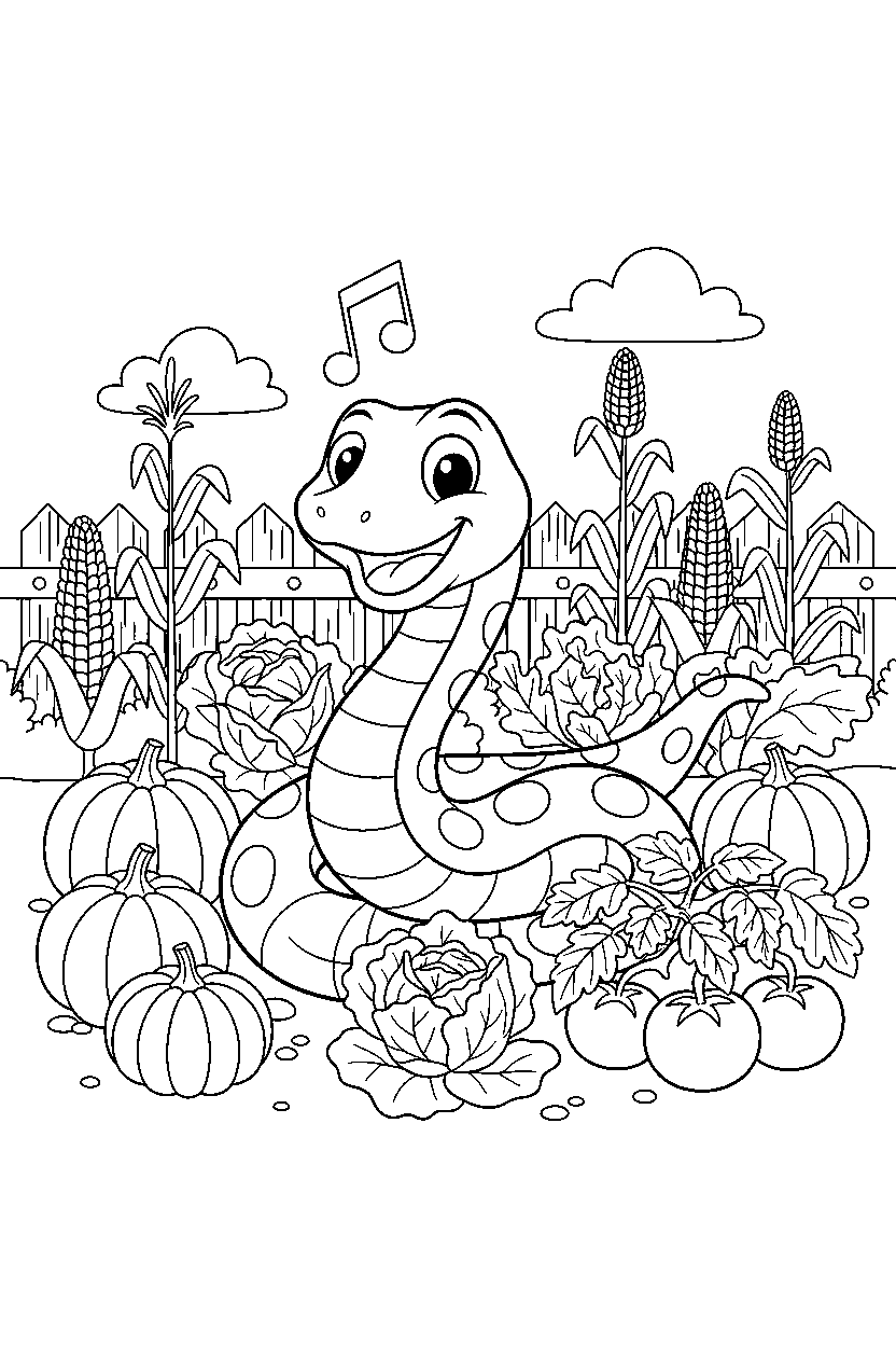snake playing happily in a vegetable garden line art