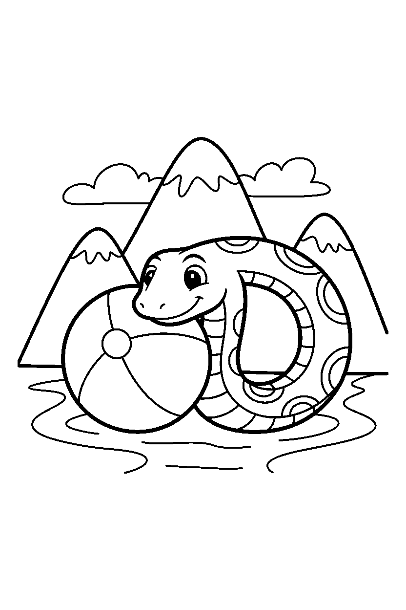 snake rolling a ball in the mountains line art