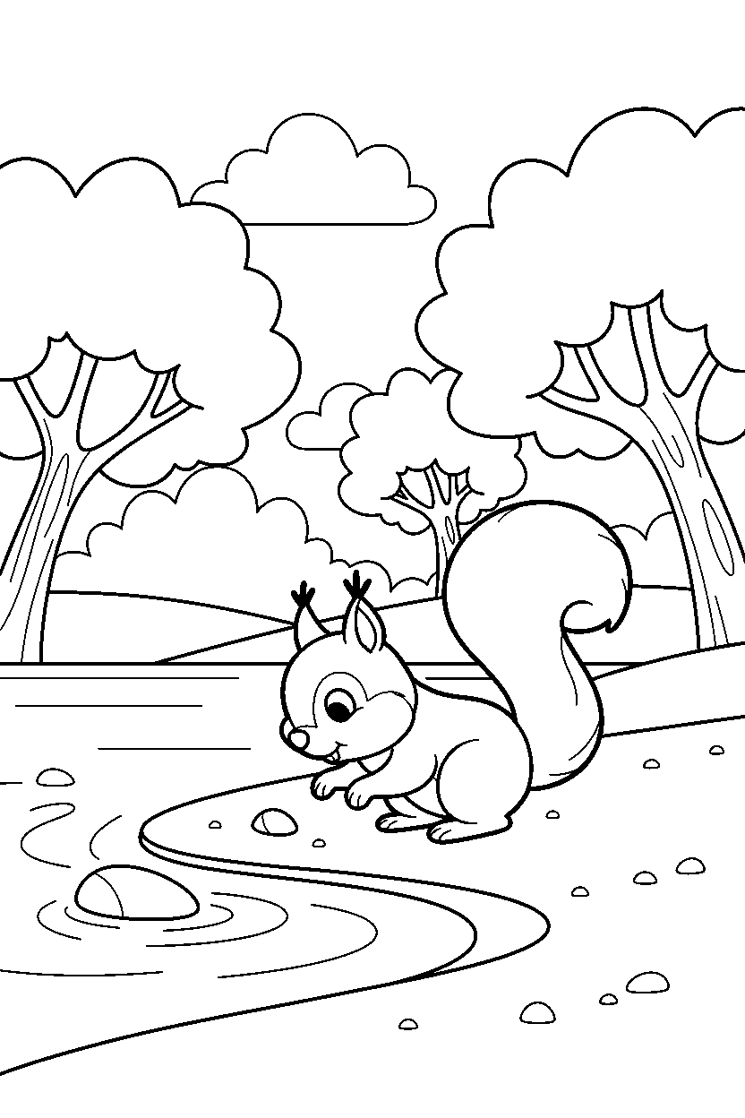 squirrel exploring curiously on a lake shore line art