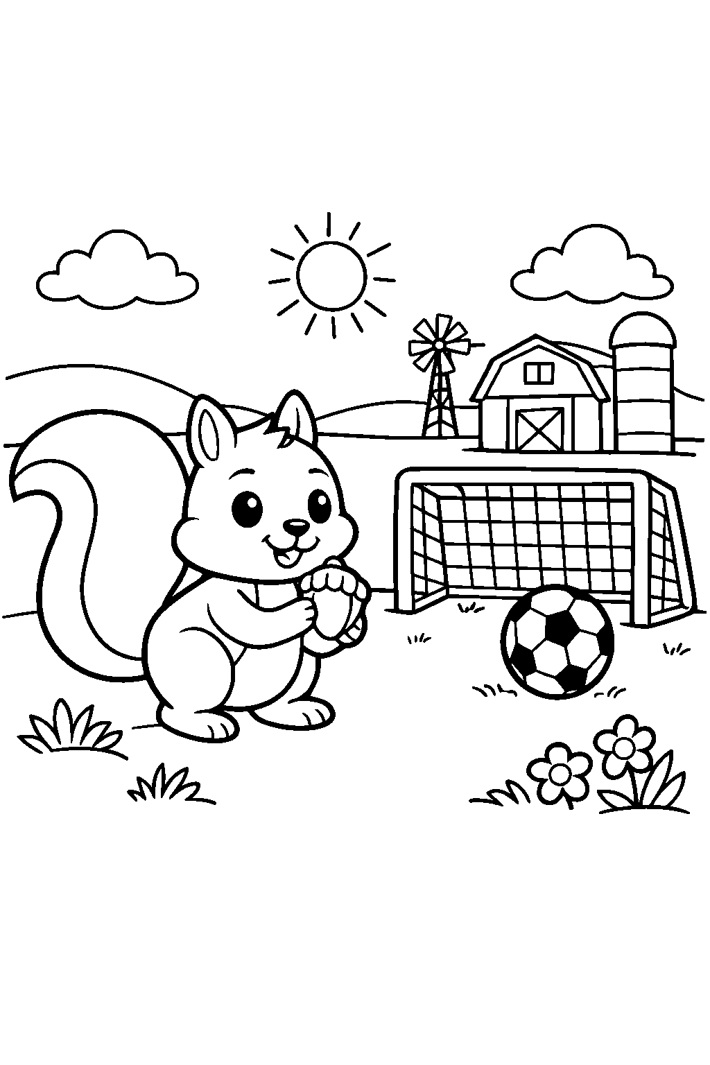 squirrel exploring farm line art