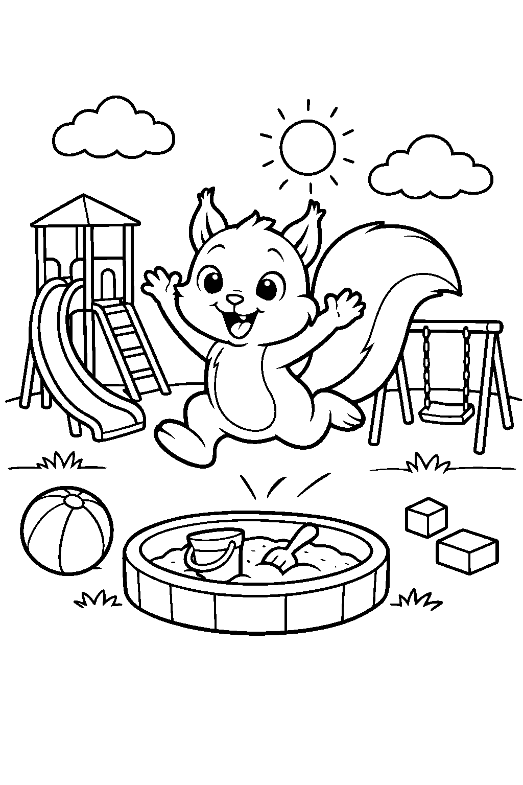 squirrel jumping in a playground line art