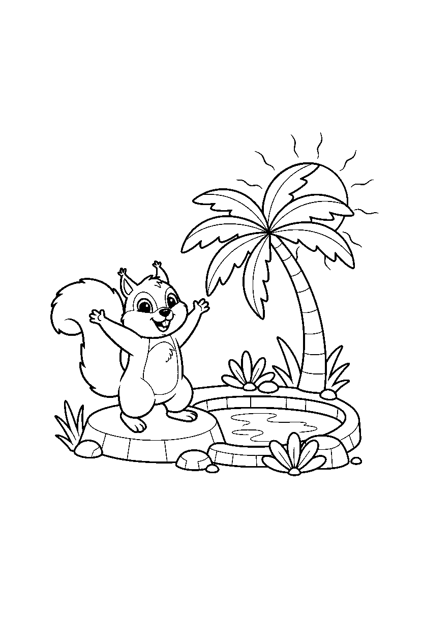 squirrel stretching playfully in an oasis line art