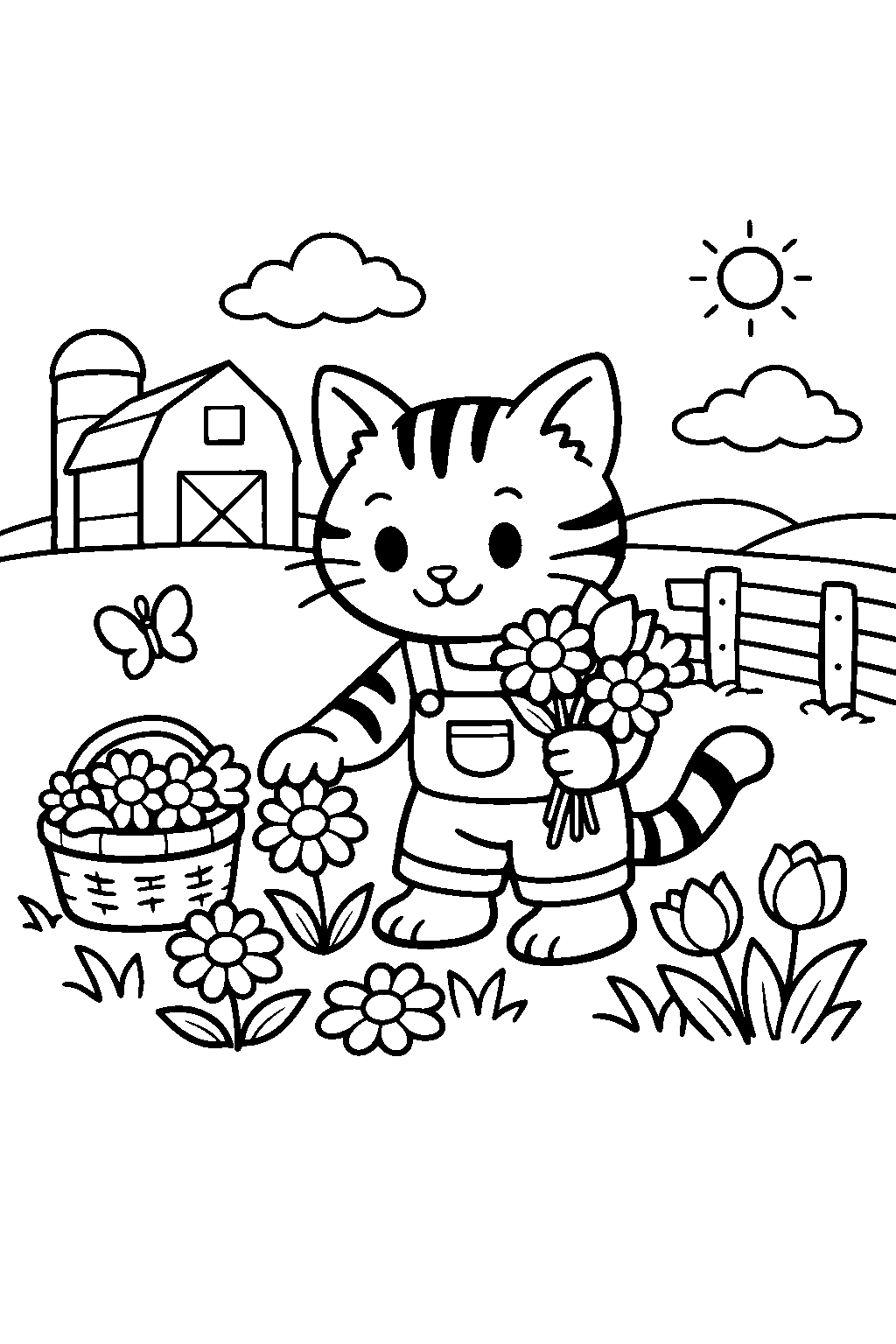 tabby cat picking flowers on a farm line art