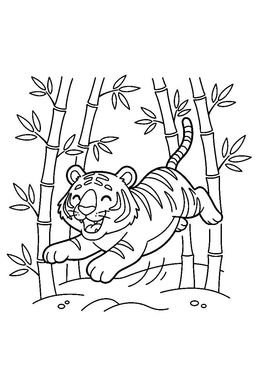 tiger jumping playfully in a bamboo forest line art
