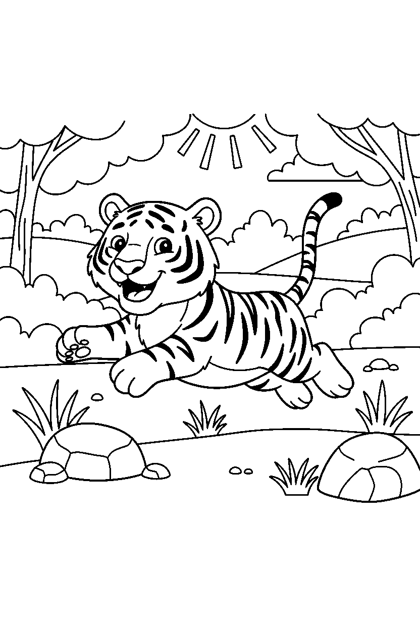tiger jumping playfully in a nature reserve line art