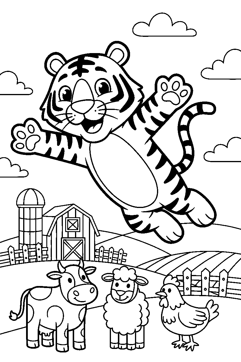 tiger jumping playfully on a farm line art