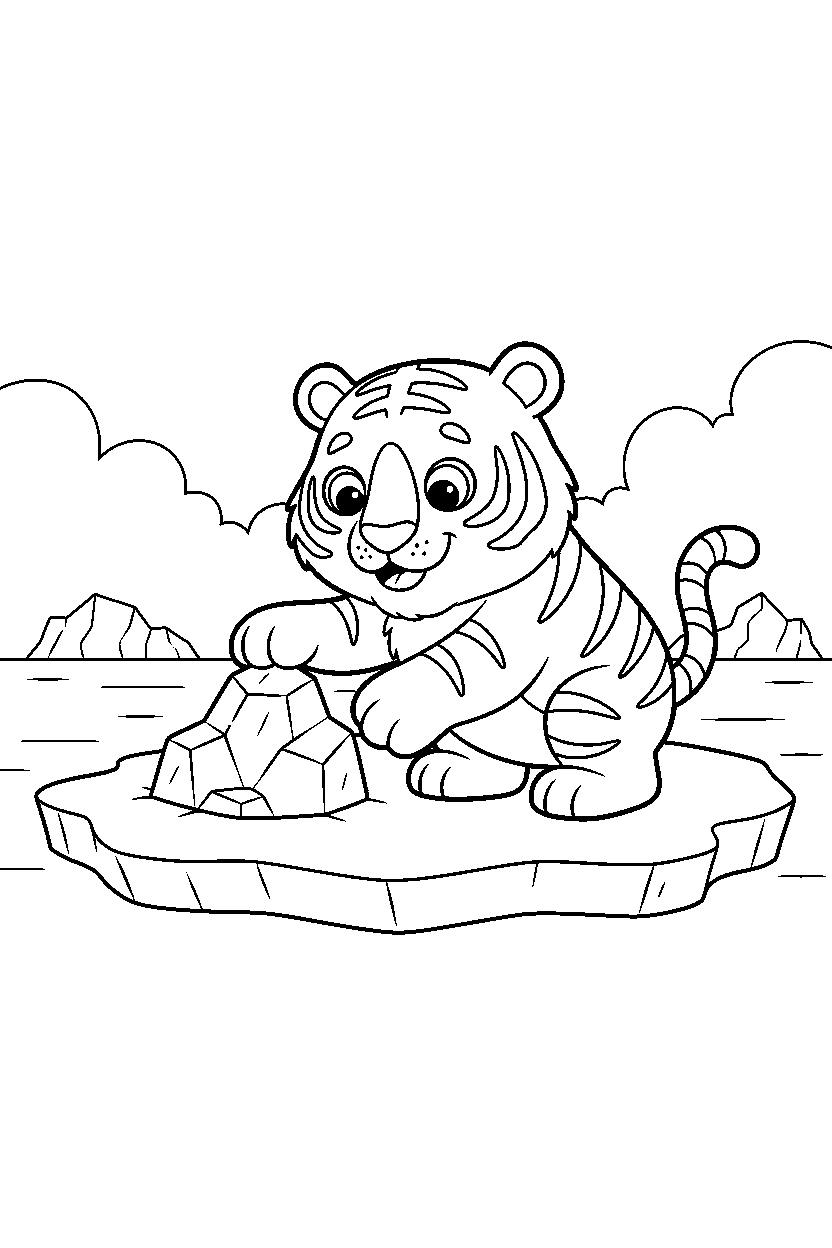 tiger playing gently near an iceberg line art