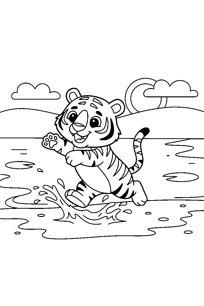 tiger playing happily on a lake shore line art