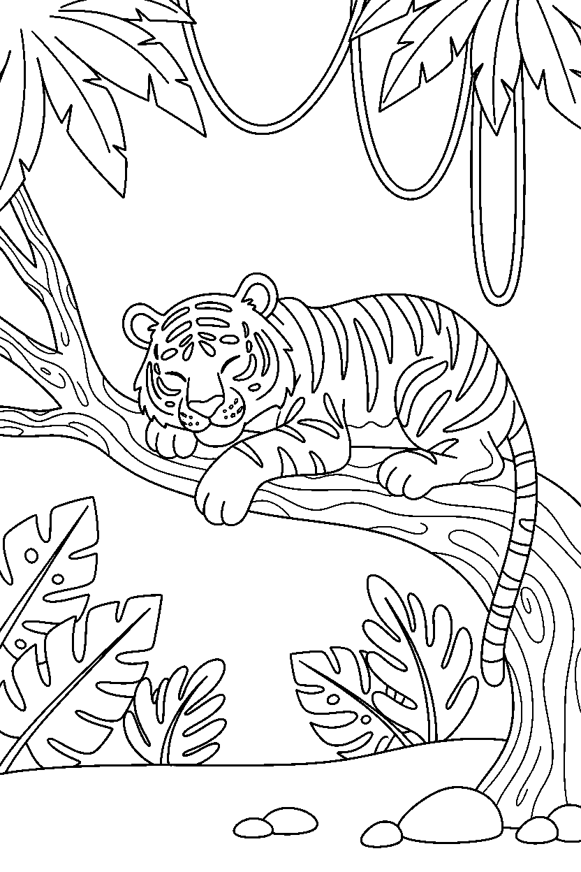tiger resting peacefully in the rainforest line art