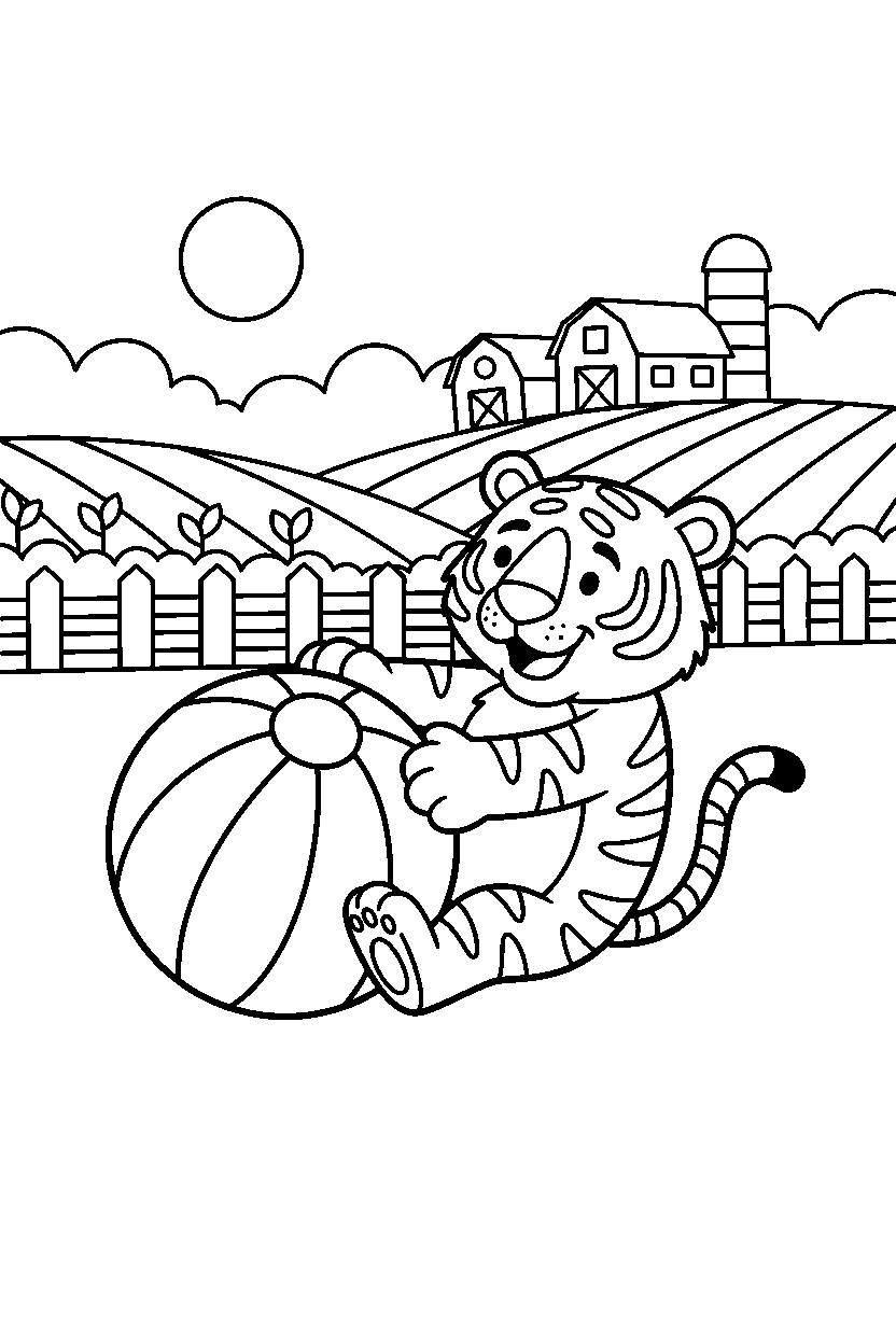 tiger rolling a ball in a farm field line art