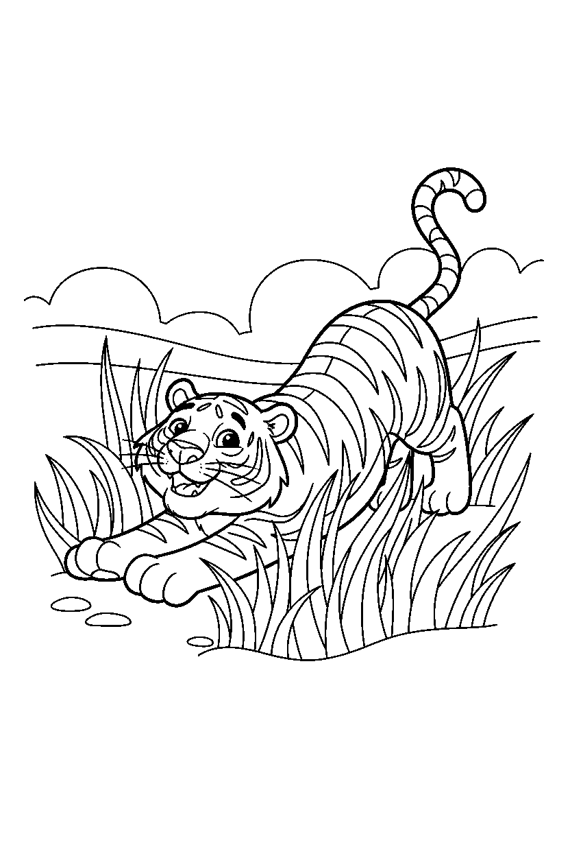 tiger stretching playfully in tall grass line art