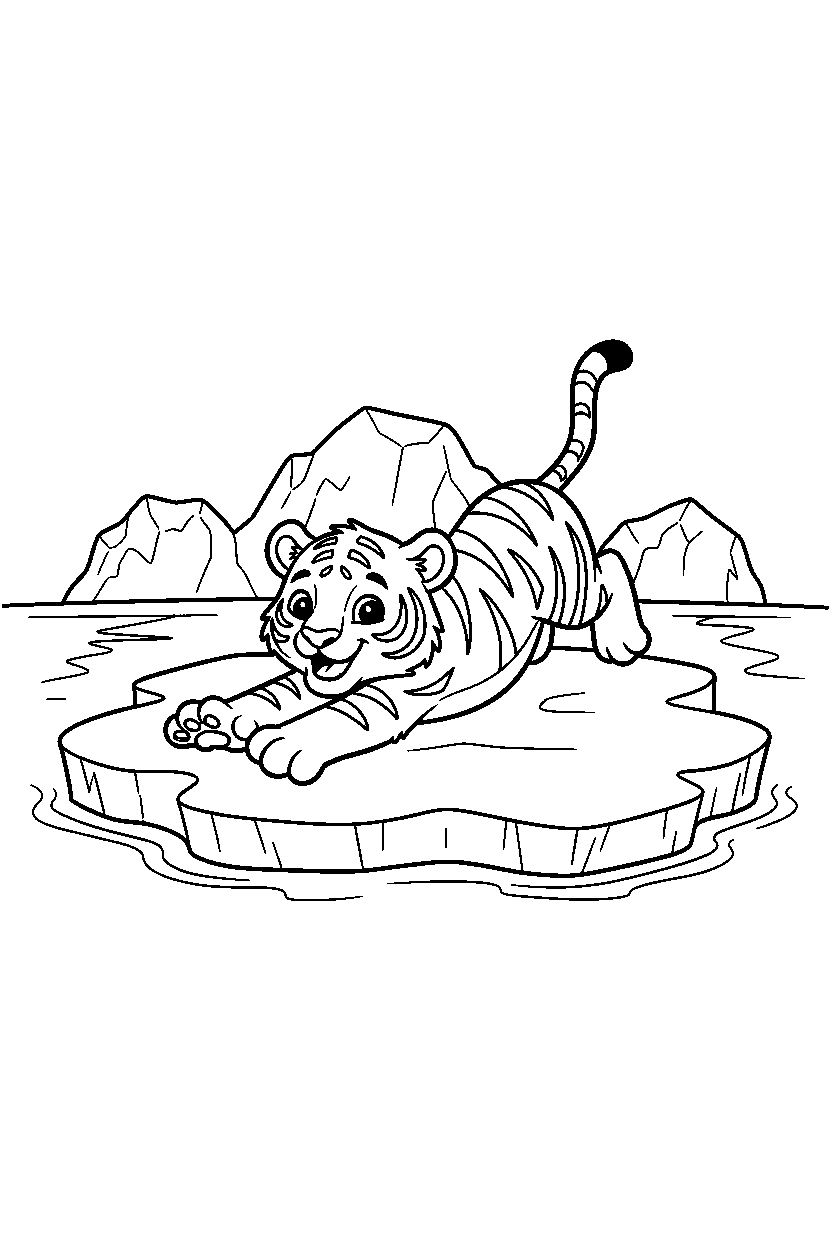 tiger stretching playfully on sea ice line art