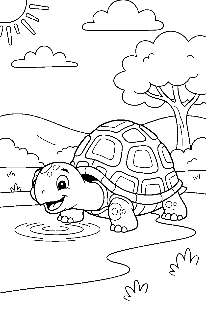 turtle drinking water in the countryside line art