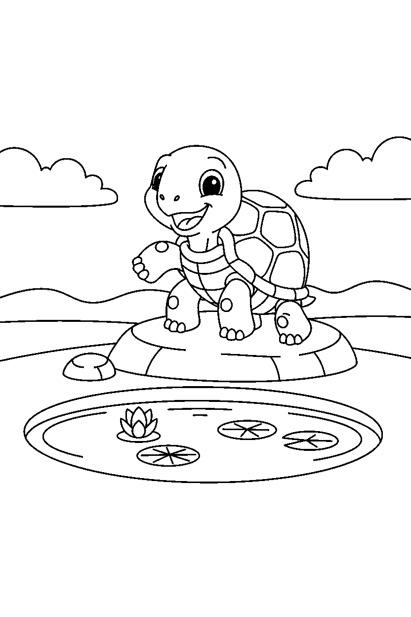turtle posing happily near a small pond line art