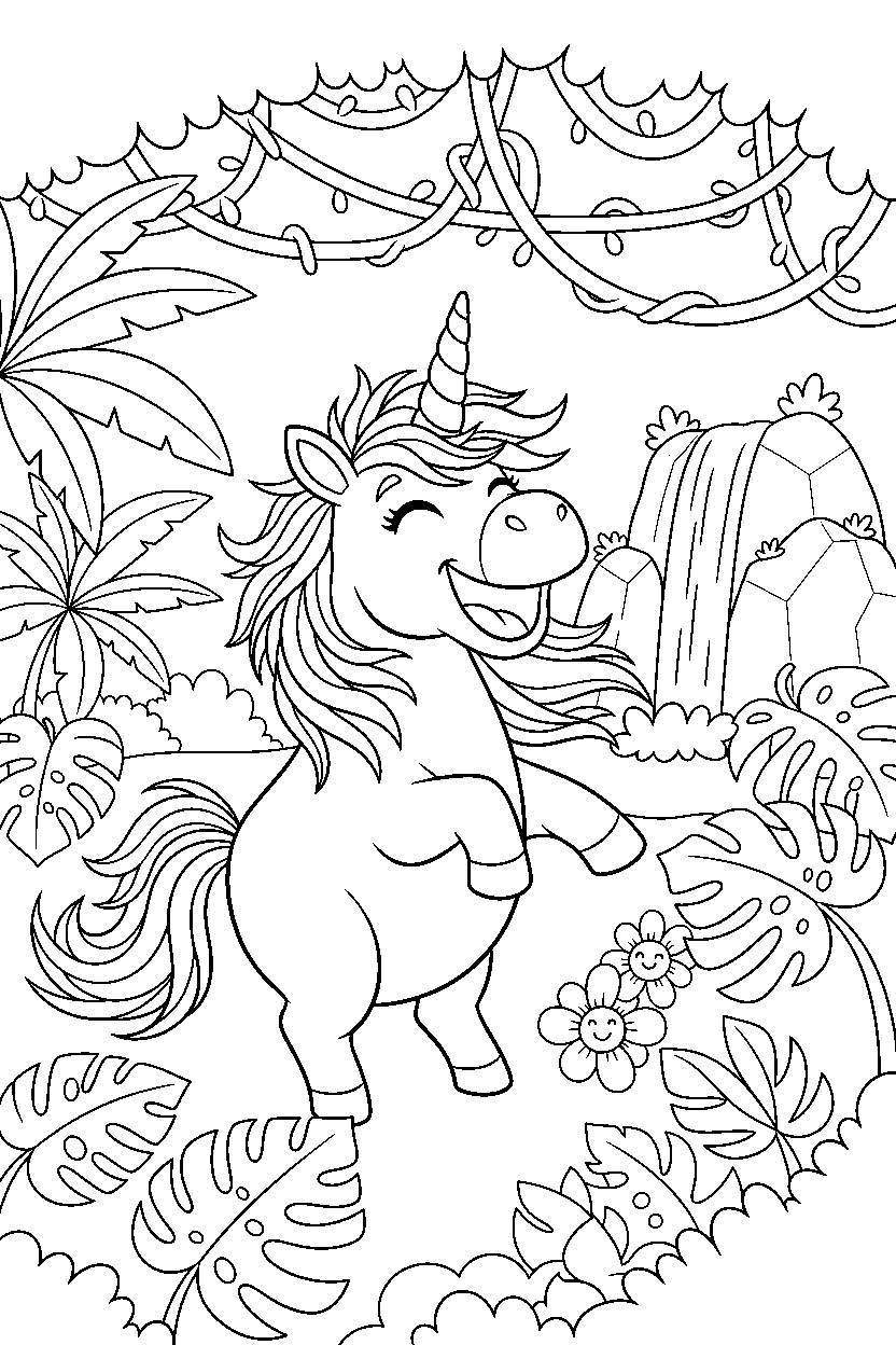 unicorn laughing playfully in the rainforest line art