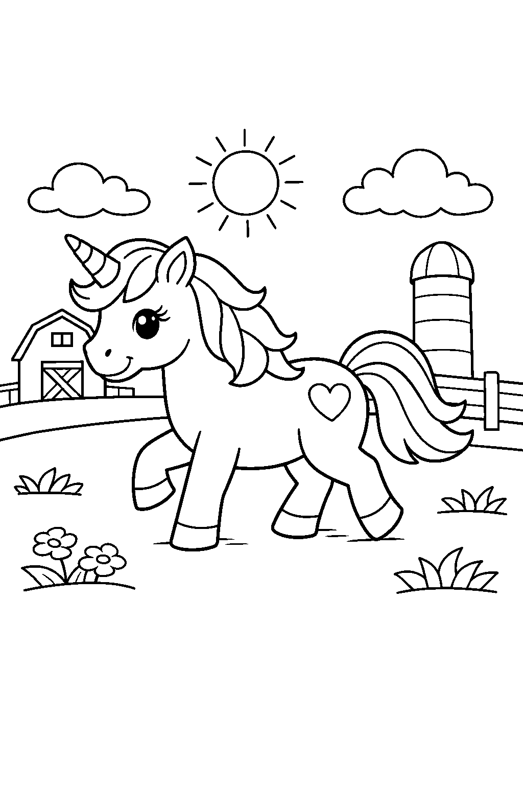 unicorn walking in a farm field line art