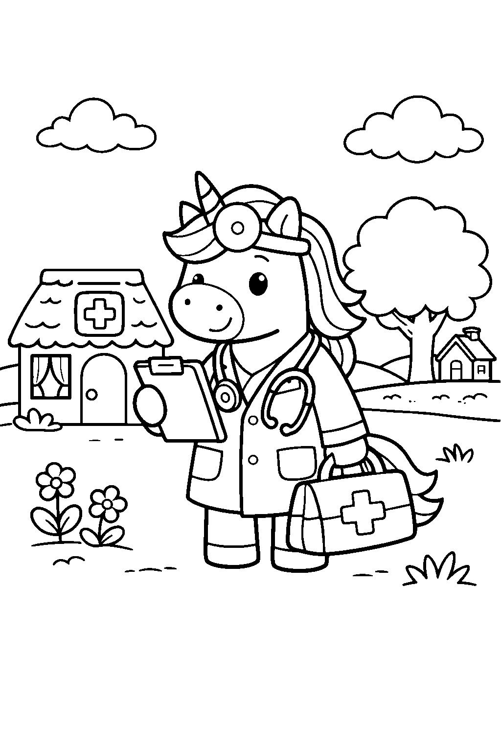 unicorn working as doctor village line art