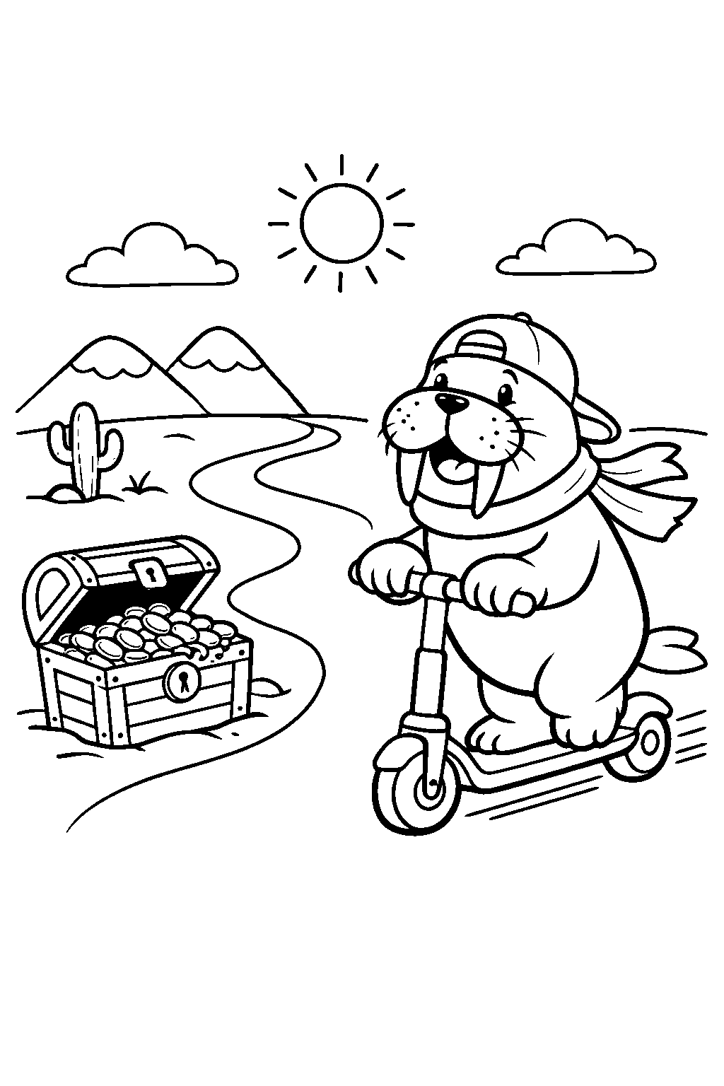 walrus riding a scooter on a desert trail line art