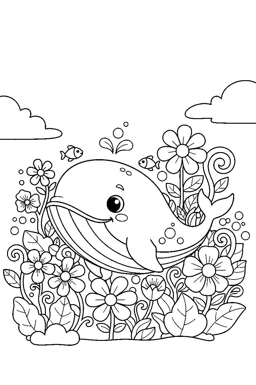 whale smiling in a garden line art