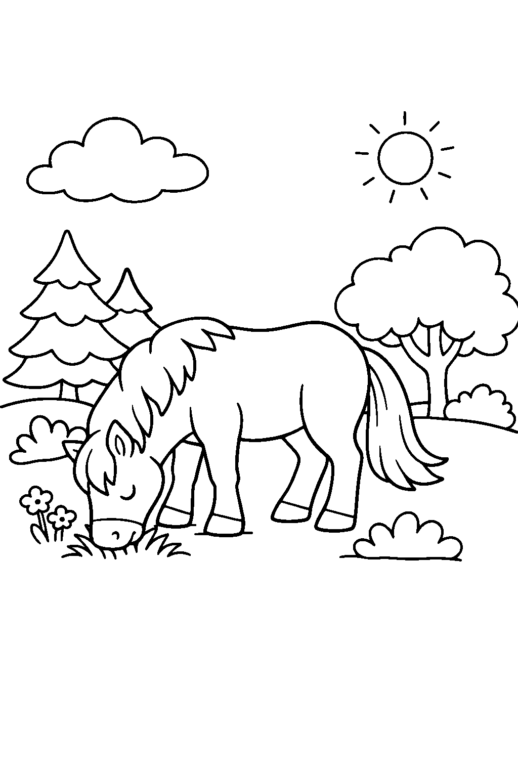 wild horse eating in a forest line art