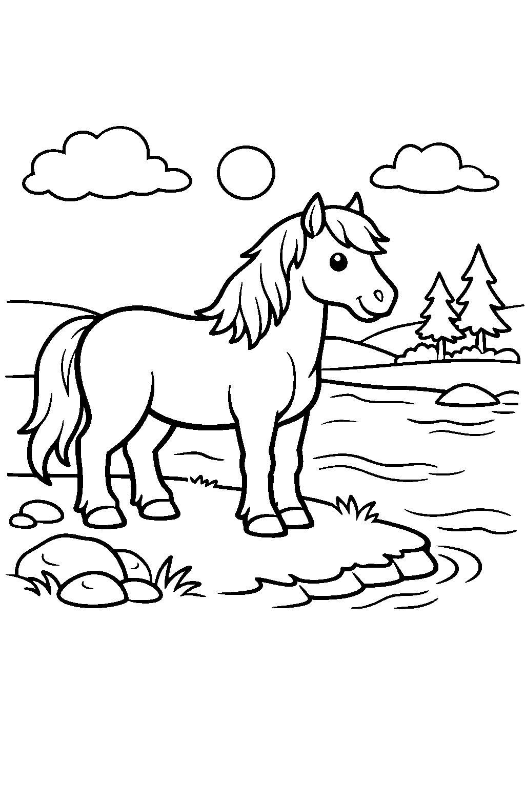 wild horse standing on a river bank line art