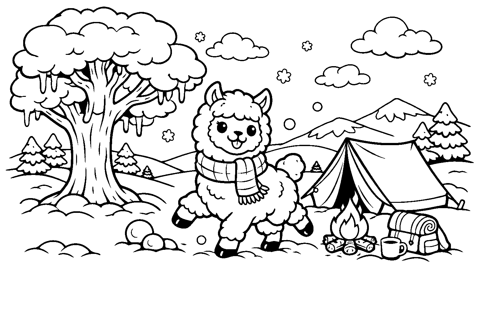 winter alpaca camping line art for kids