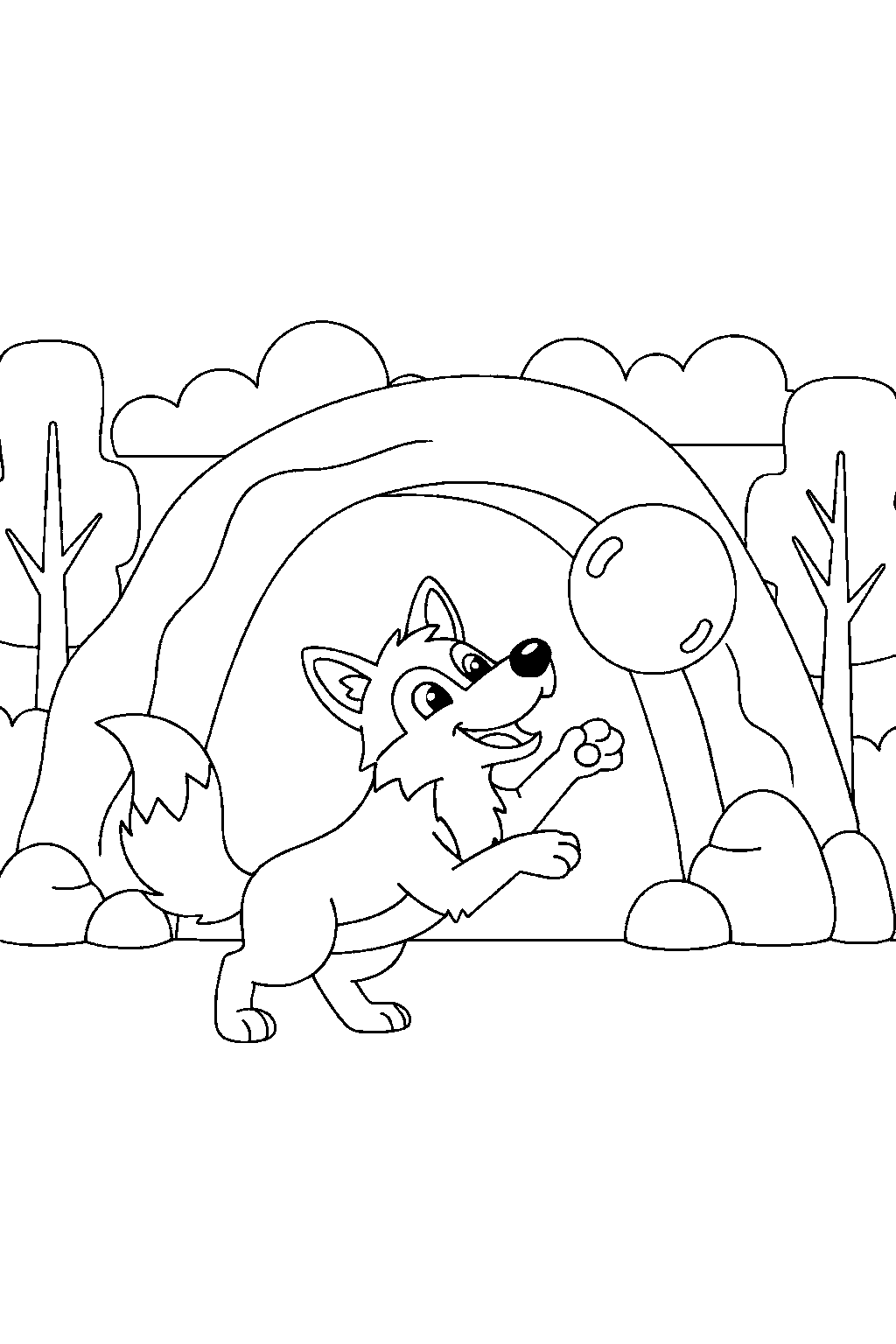 wolf playing with a bubble near a cave line art