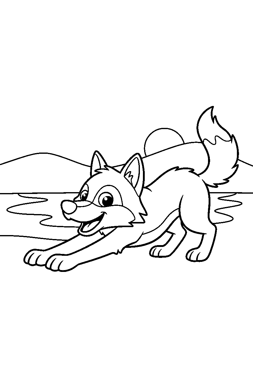 wolf stretching playfully near a lake line art