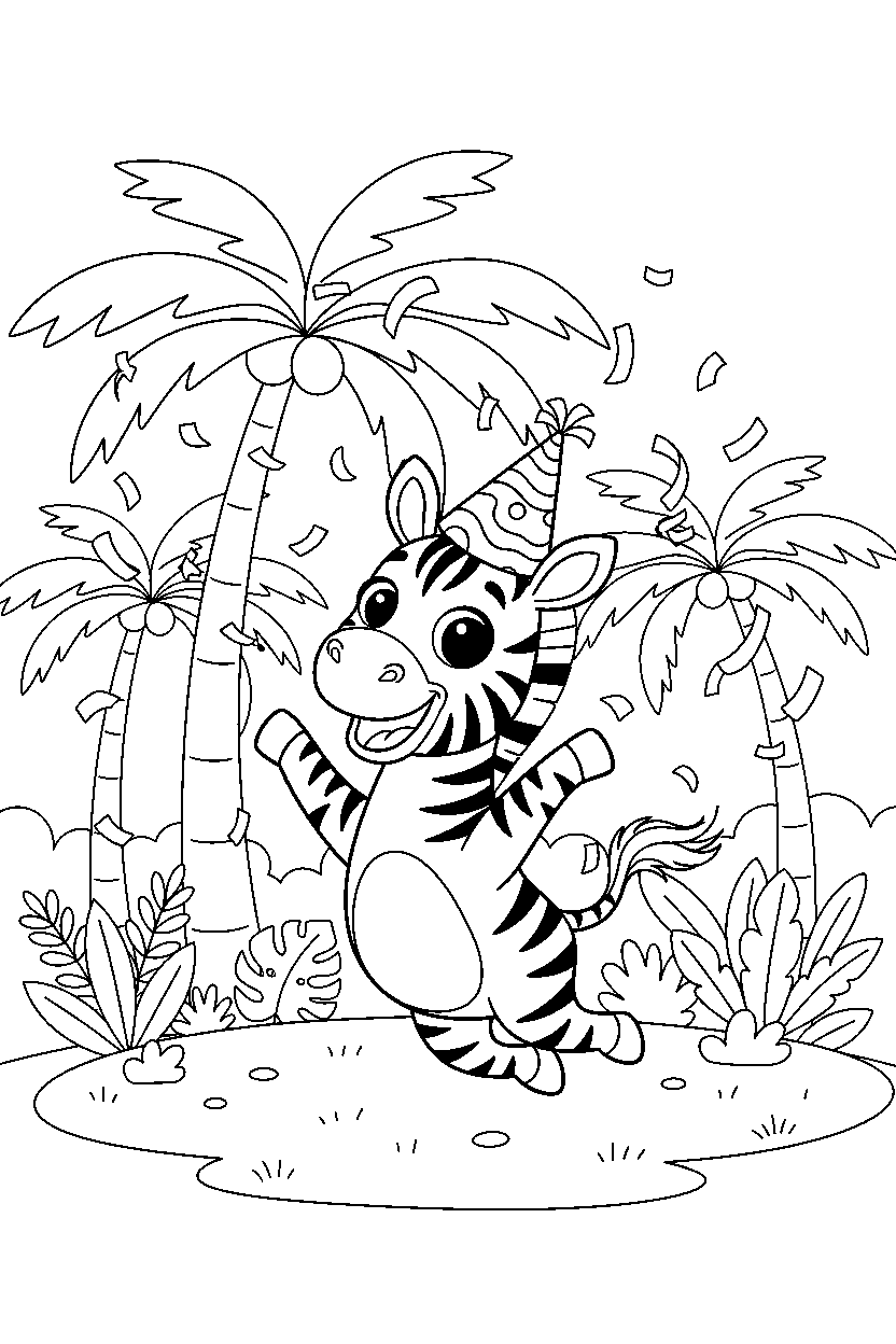 zebra celebrating happily in a palm forest line art
