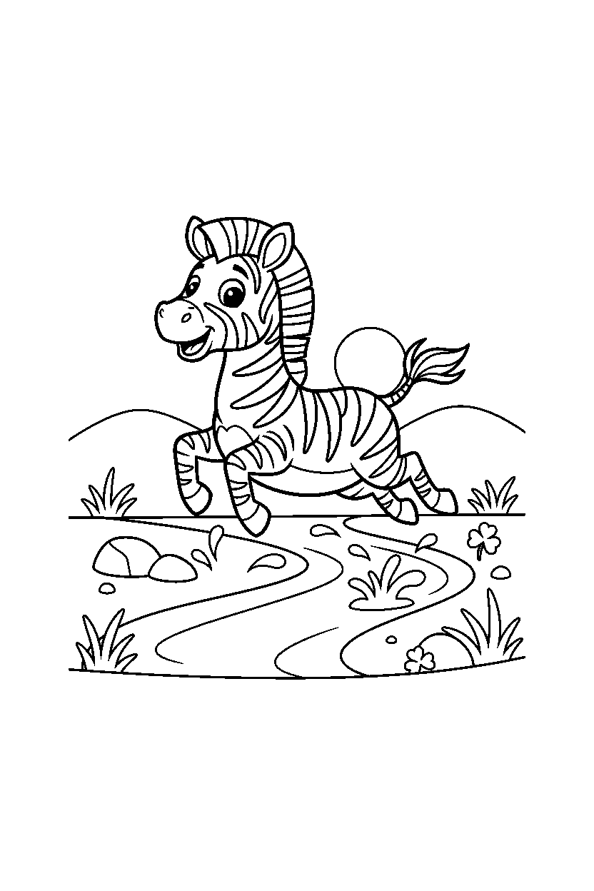 zebra hopping happily near a stream line art