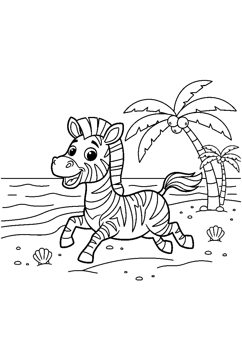 zebra running happily on a sandy shore line art