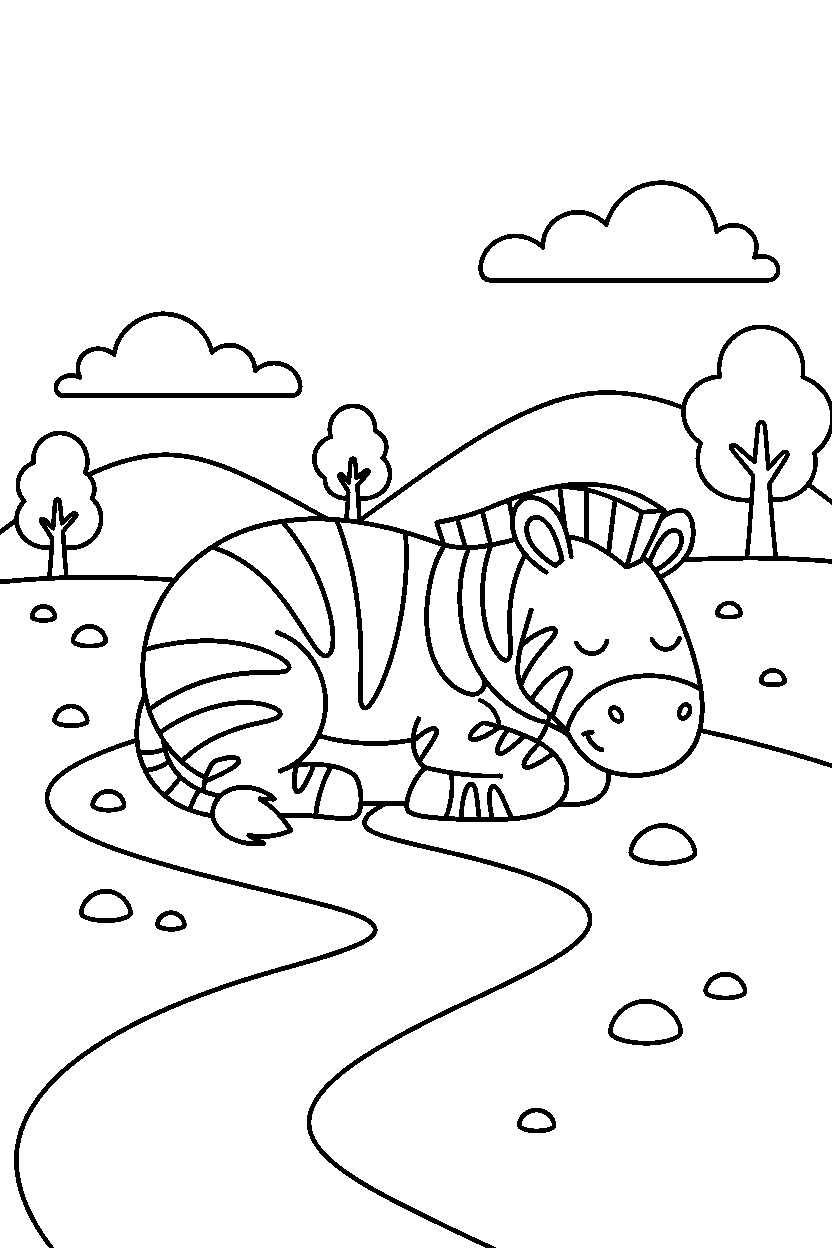 zebra sleeping peacefully on a dirt path line art