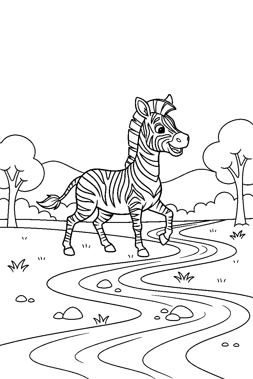 zebra walking happily near a stream line art
