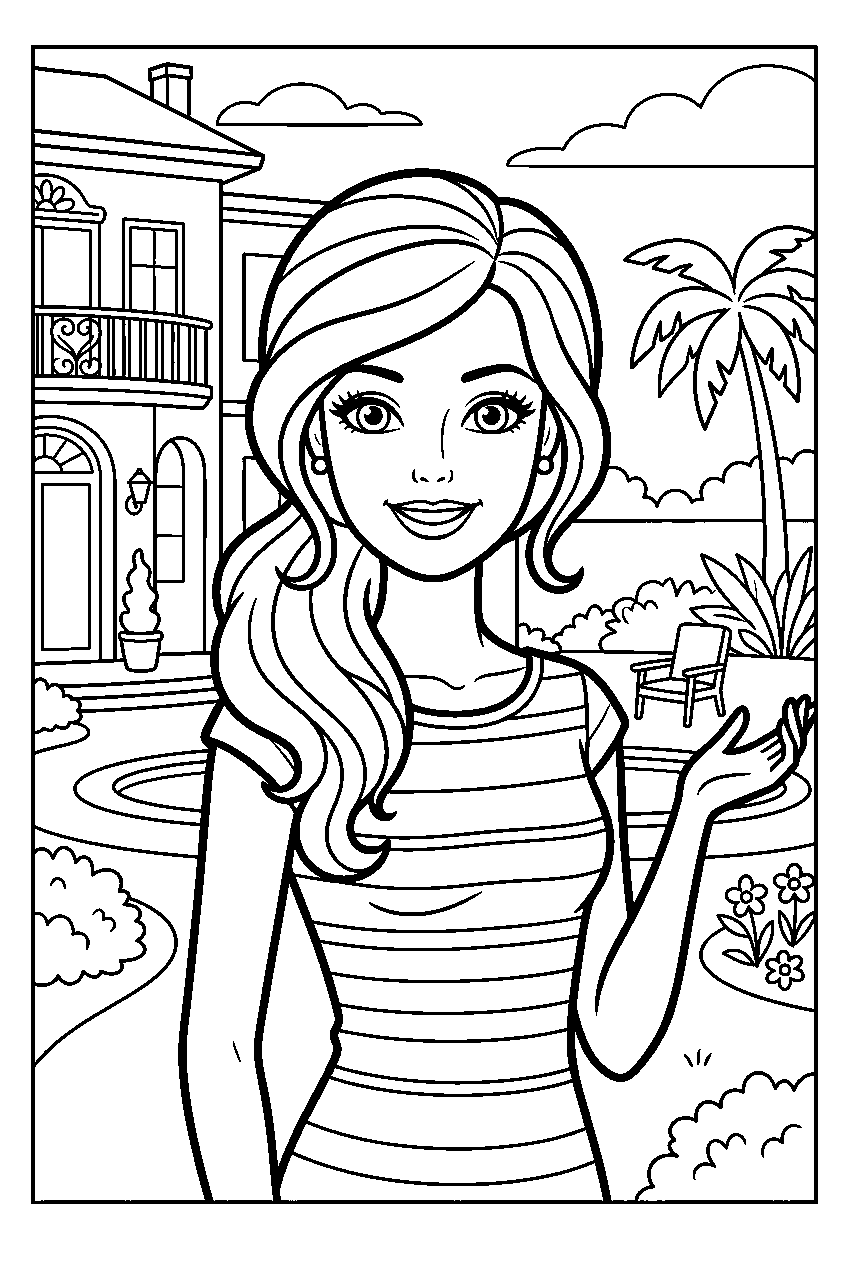 barbie in dreamhouse backyard line art