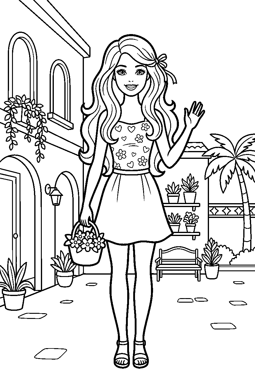 barbie in dreamhouse courtyard line art