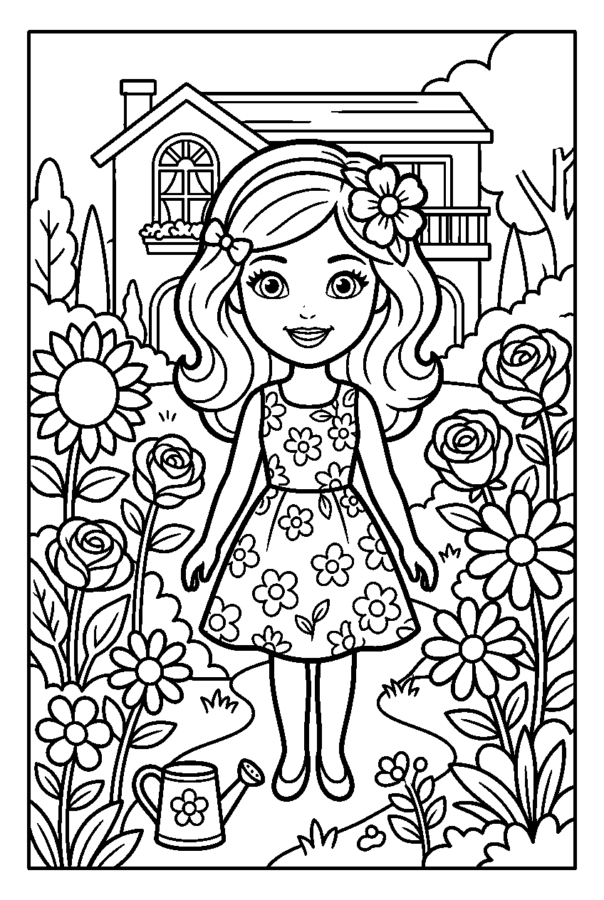 barbie in dreamhouse flower garden line art