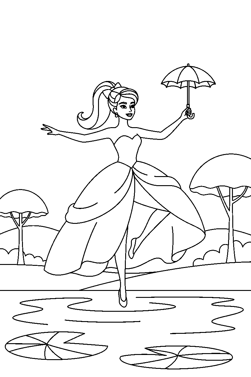 barbie wearing dress balancing by lake line art