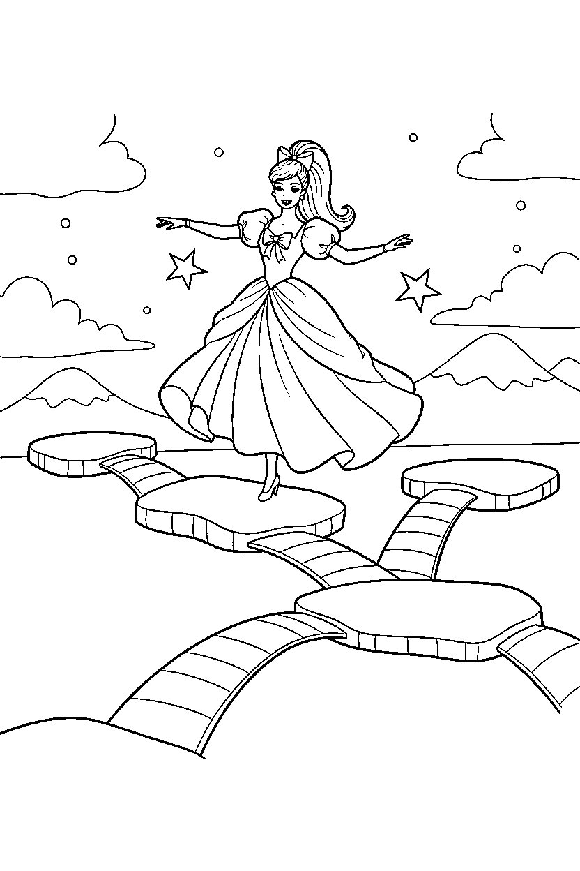 barbie wearing dress balancing in challenge area line art