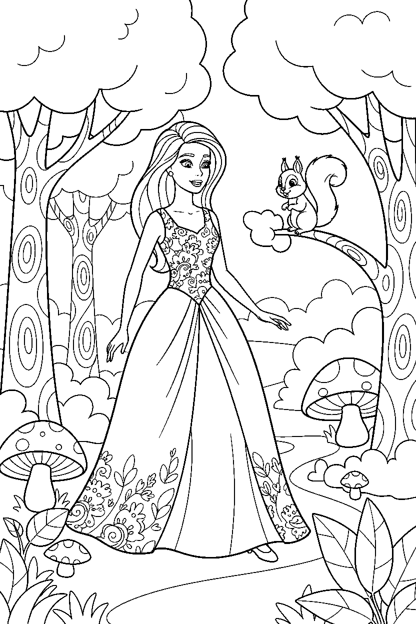 barbie wearing dress exploring in forest line art