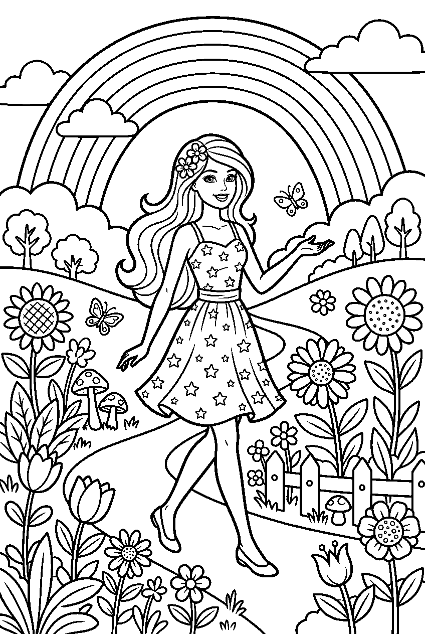 barbie wearing dress exploring in rainbow garden line art
