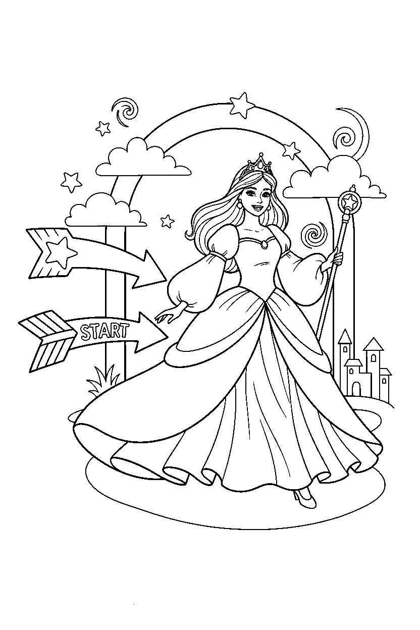 barbie wearing dress exploring in start area line art