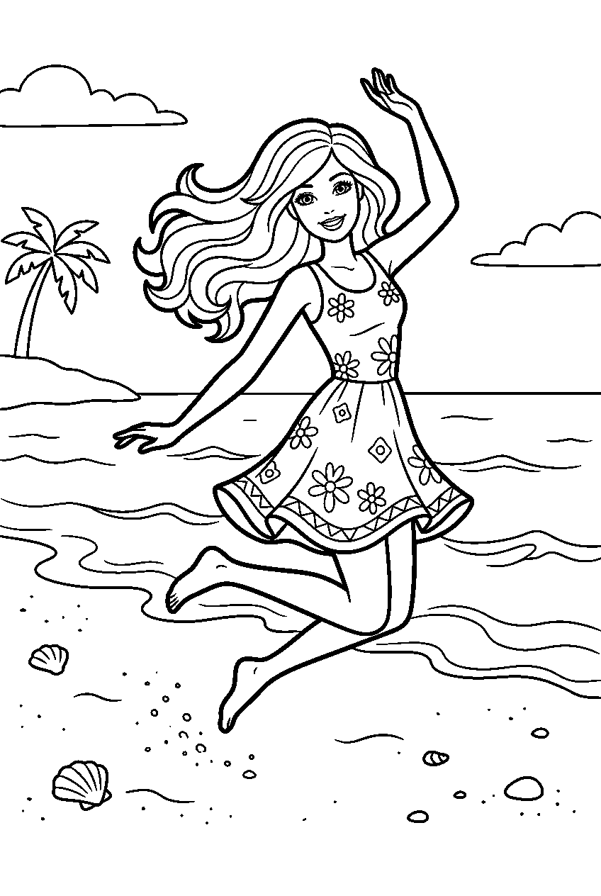 barbie wearing dress jumping on sandy beach line art