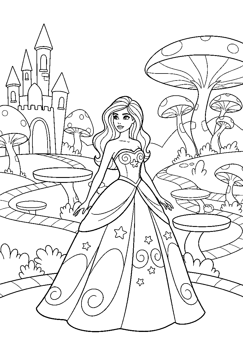barbie wearing dress looking around in game world line art