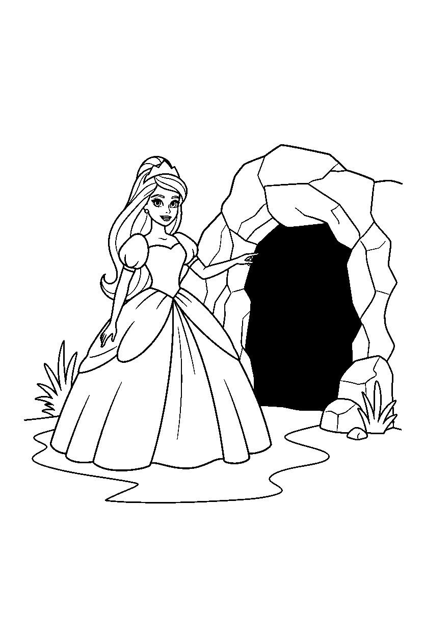 barbie wearing dress pointing in cave line art